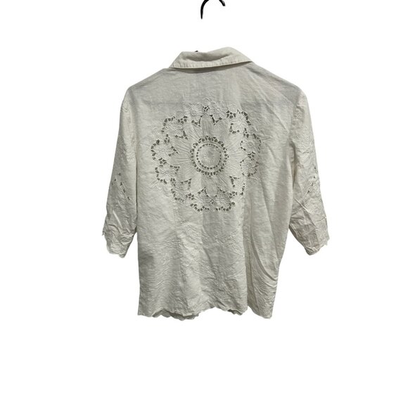 Susan Graver Embroidered Button Up Shirt Sz Large Laser Cutout Linen Bohemian - Picture 2 of 9